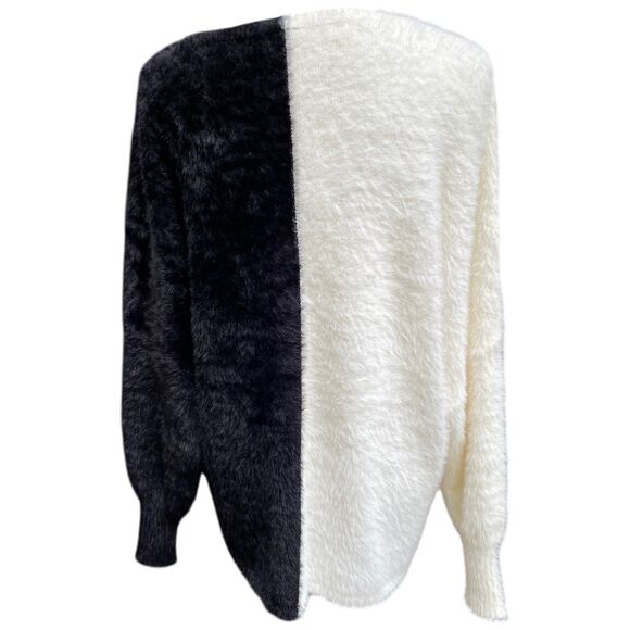 Black White Colorblock Fuzzy Cardigan Sweater Size XL Oversized Drop Shoulder - Picture 6 of 13